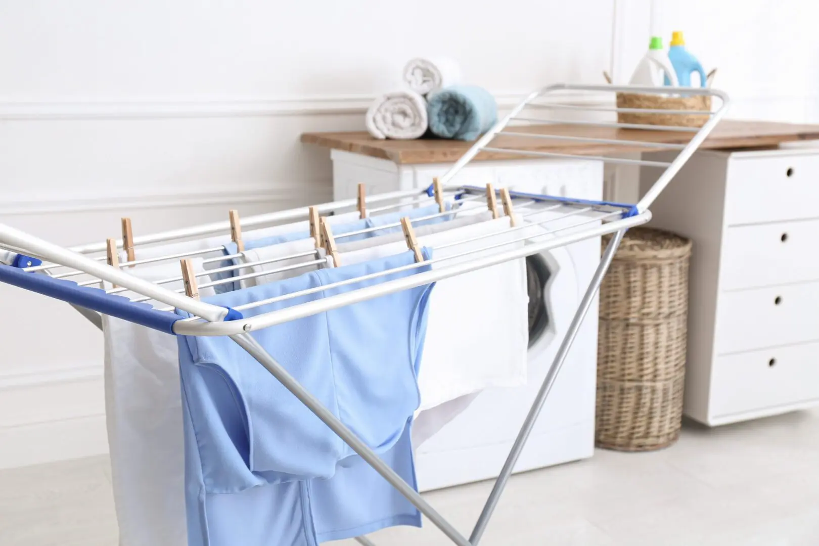 Laundry drying on metal rack