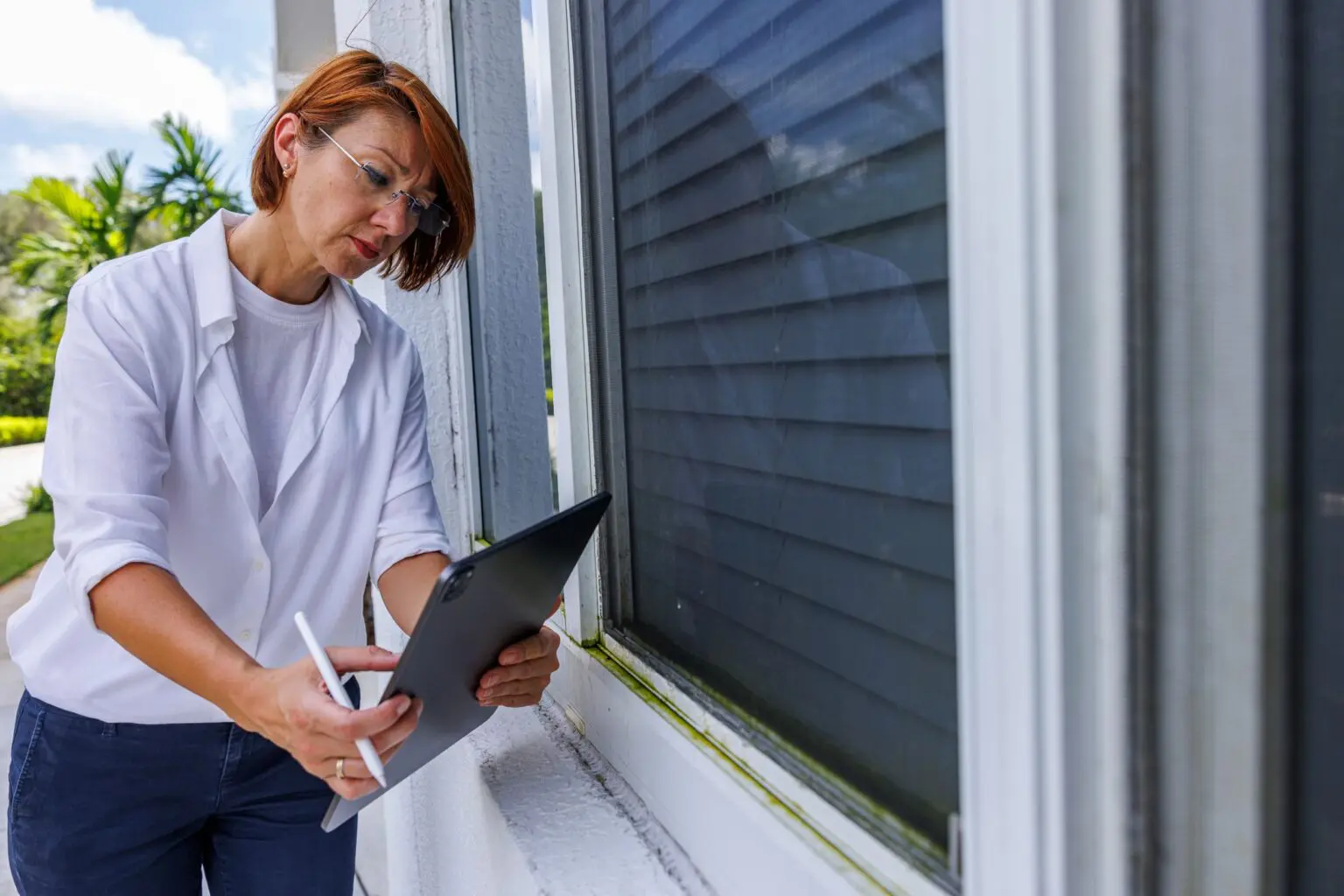 Woman inspecting house exterior with tablet