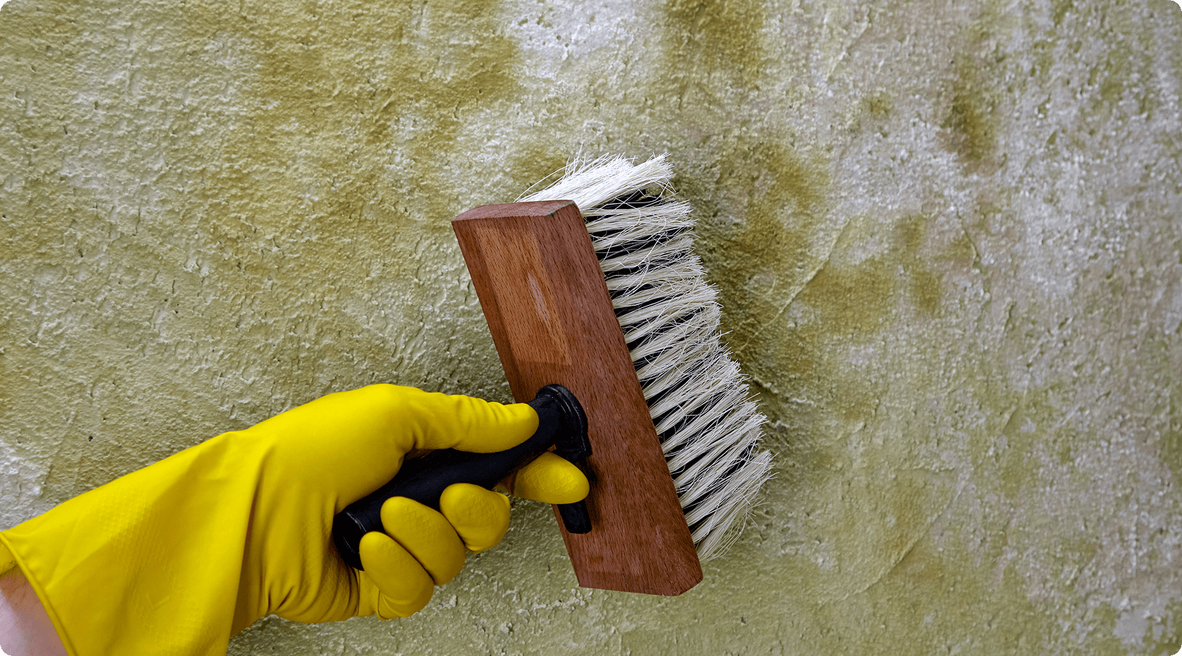 Cleaning wall with yellow gloved hand