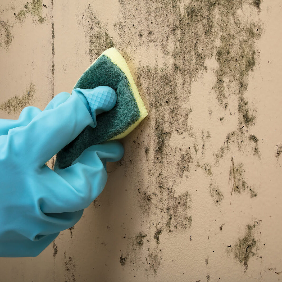 Cleaning moldy wall with blue glove