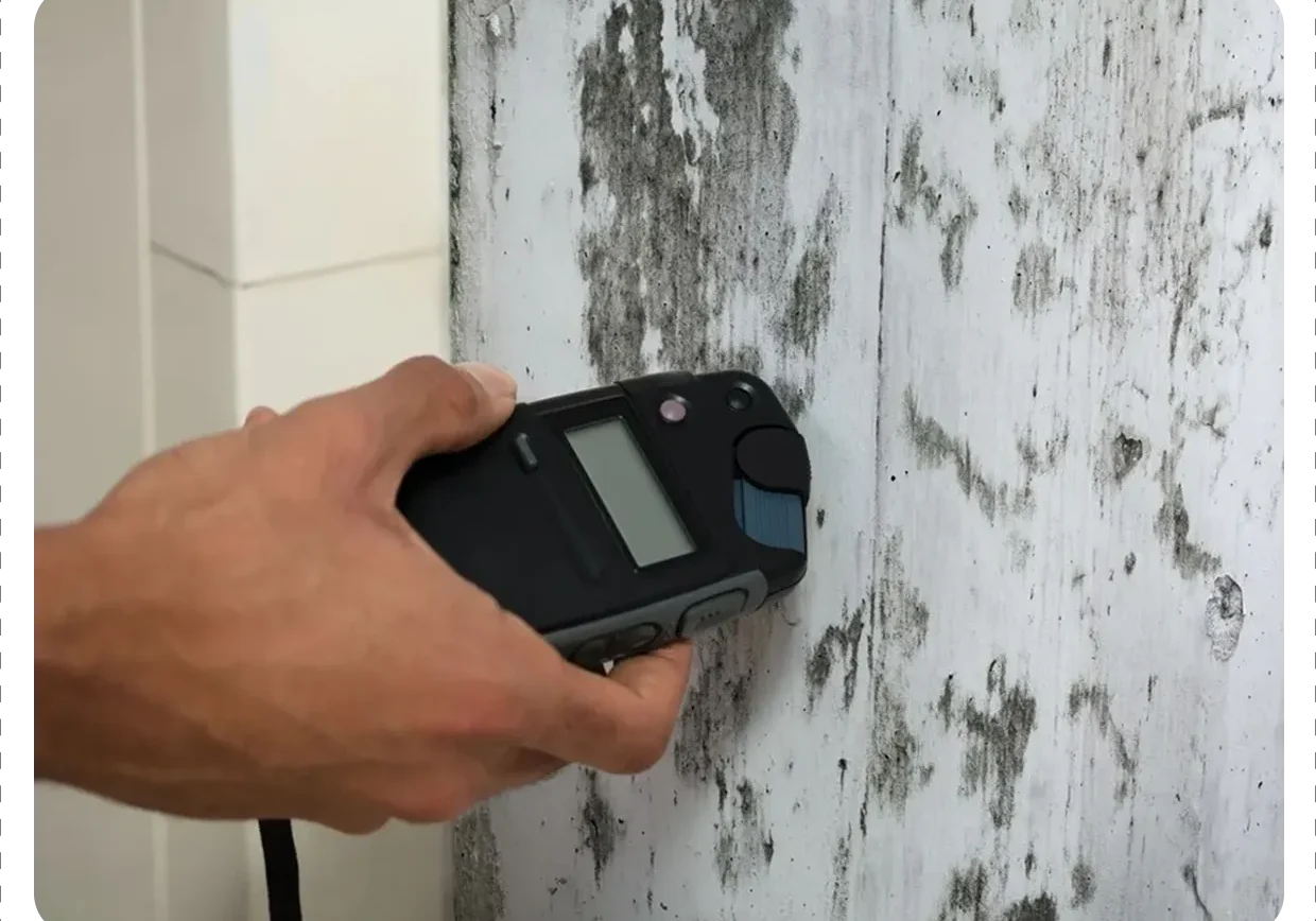 Hand using moisture meter on wall.